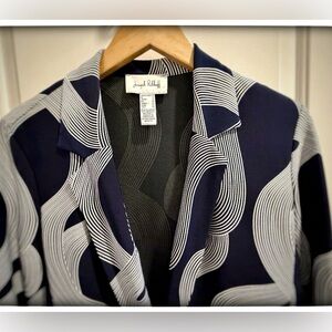 Joseph Ribkoff Silky Knit Abstract print Midnight Blue and Vanilla Boxy Blazer